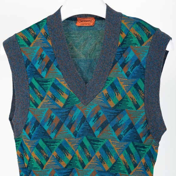Missoni 80's-Vintage Teal & Blue Cotton Triangle-Jacquard Sweater Vest - Picture 3 of 8